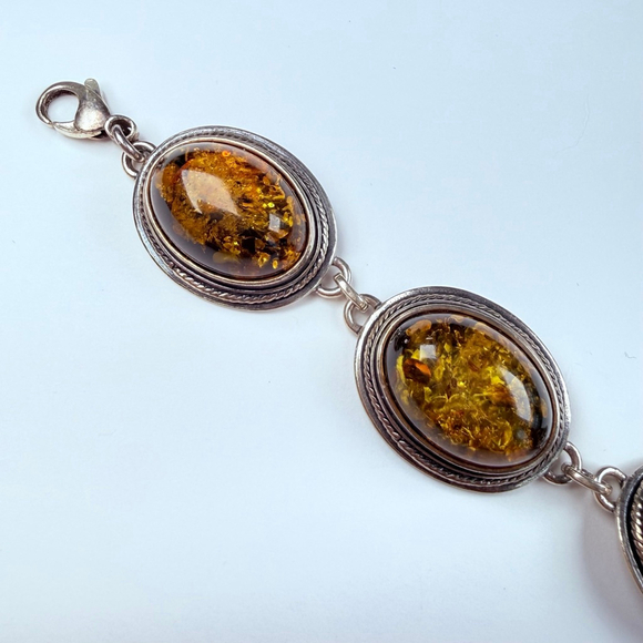Estate 28.5 CT Green Baltic Amber Oval Panel MCM Sterling Silver VTG Bracelet - Picture 3 of 11
